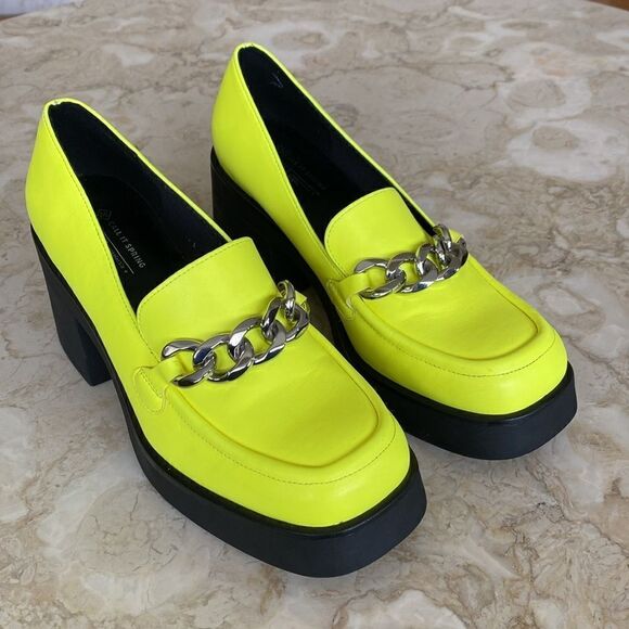 Call It Spring Noella Chain Platform Neon Green Vegan Leather Chunky Loafers - Picture 2 of 13